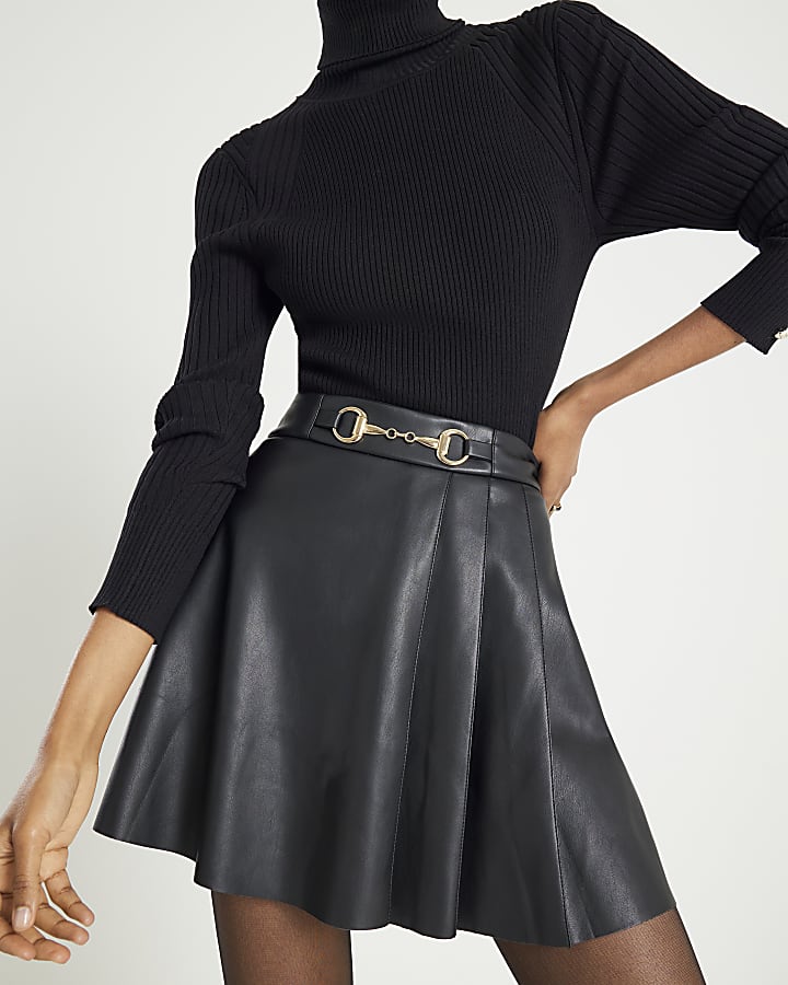River Island Black Faux Leather Snaffle Trim Mini Skirt