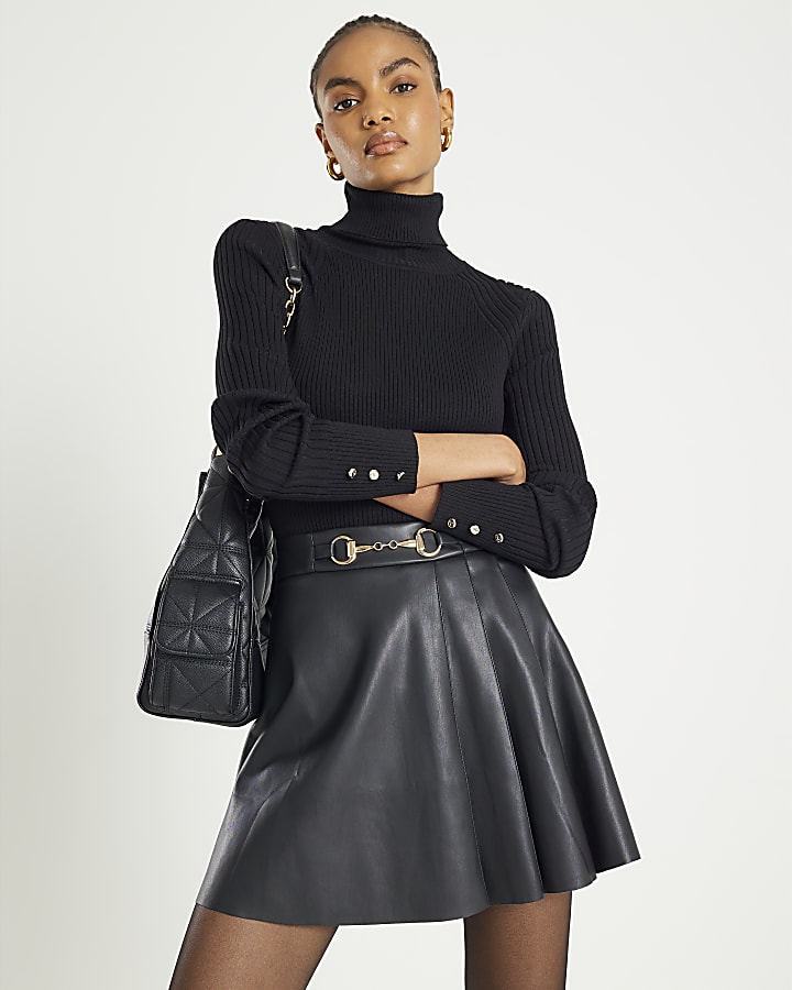 River Island Black Faux Leather Snaffle Trim Mini Skirt