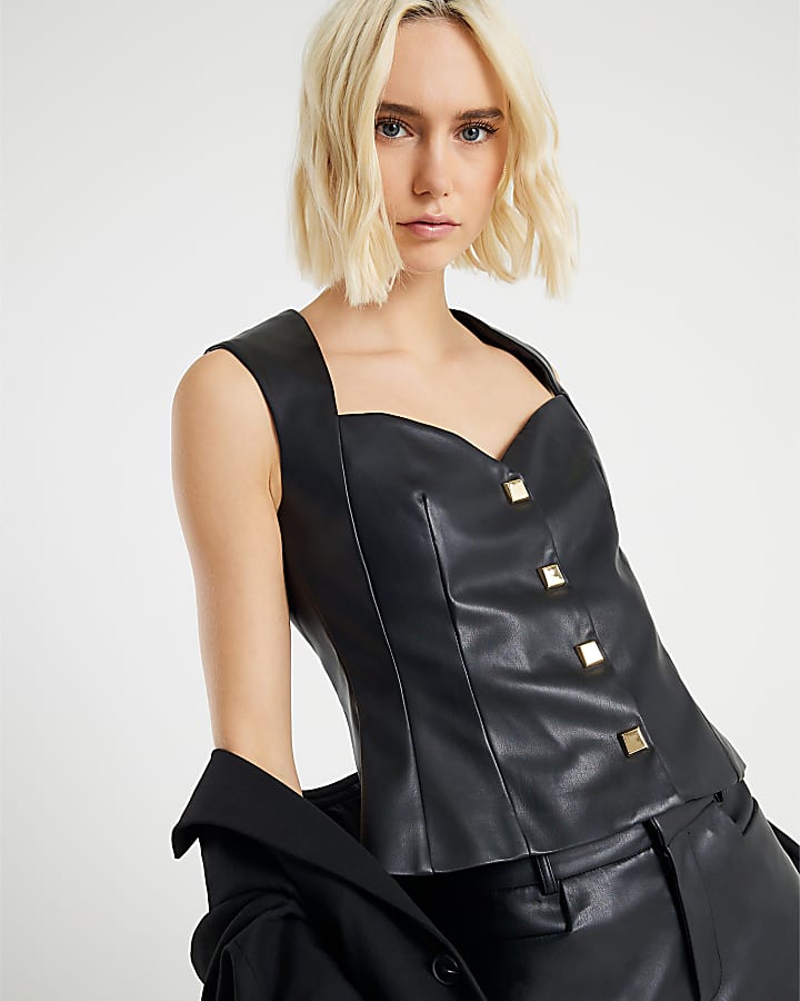 River Island Black Faux Leather Sweetheart Neck Waistcoat