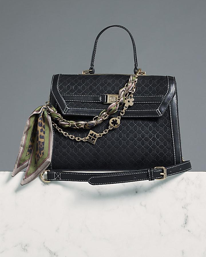 River Island Black Faux Suede Monogram Charm Tote Bag