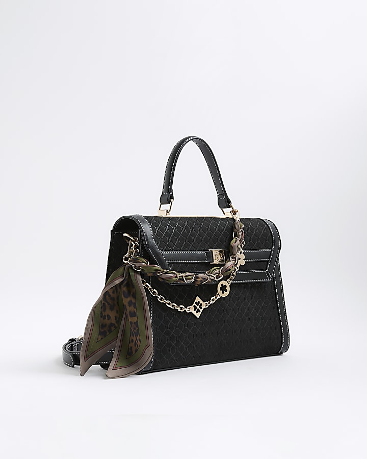 River Island Black Faux Suede Monogram Charm Tote Bag