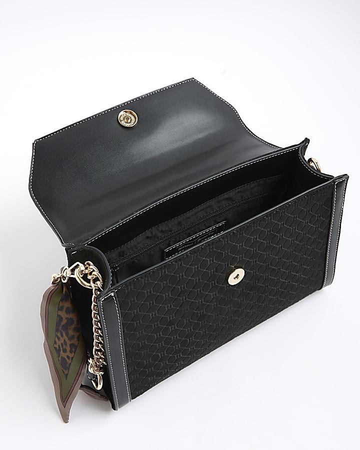 river island Black Faux Suede Monogram Charm Tote Bag