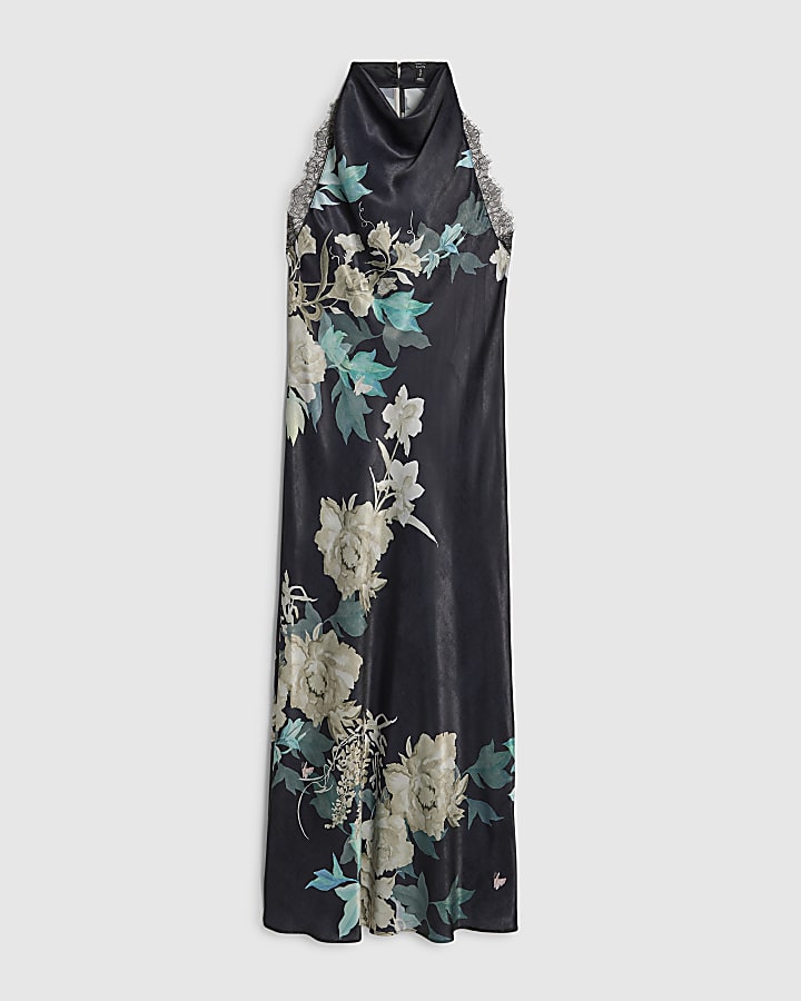 river island Black Floral Print Lace Trim Slip Dress