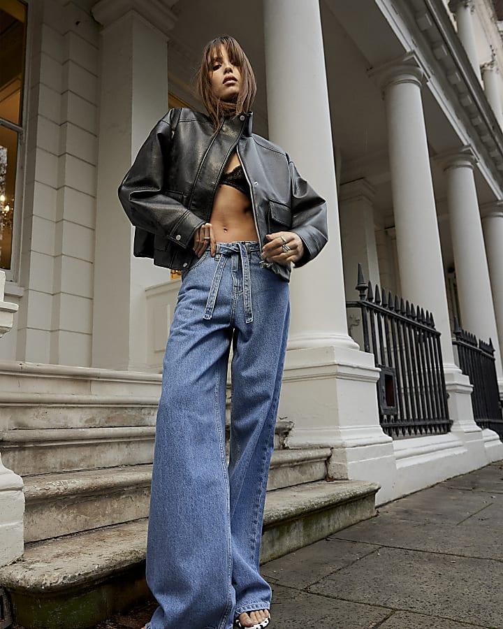 River Island Black Funnel Neck Faux Leather Bomber Jacket