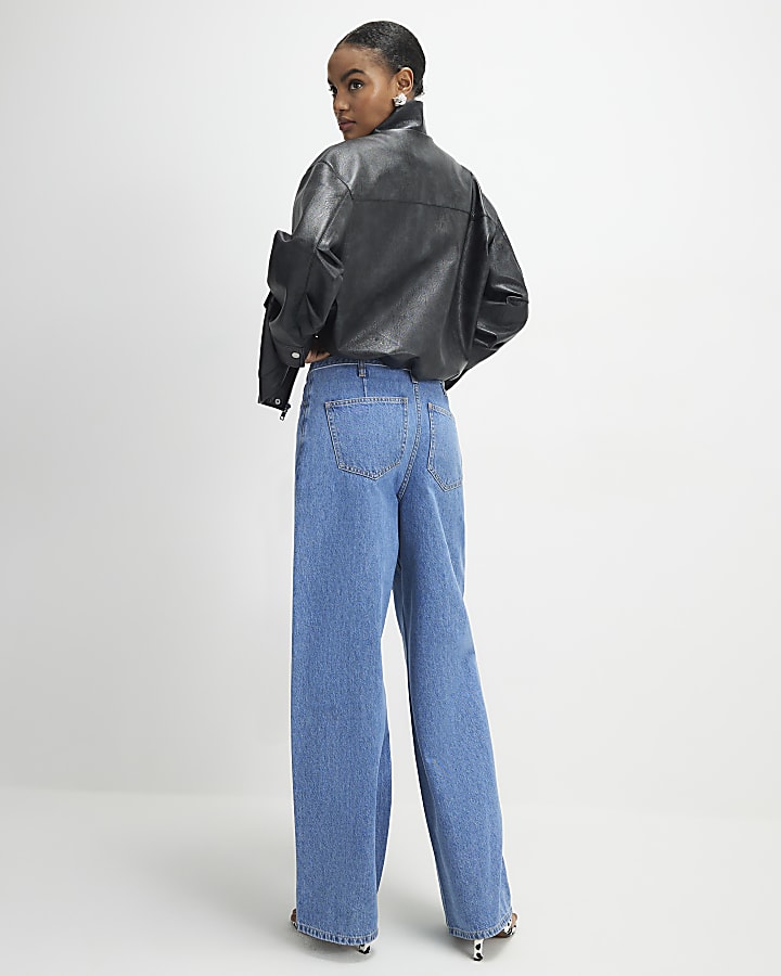 river island Black Funnel Neck Faux Leather Bomber Jacket