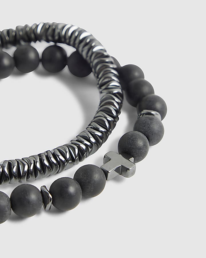 River Island Black Hematite Cross Beaded Bracelet Pack