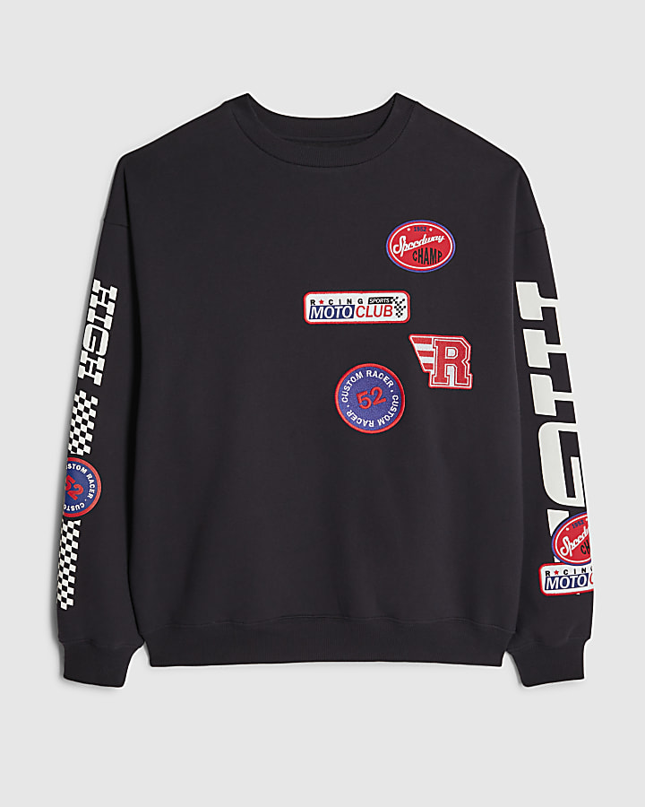 river island Black High Performance Badges Sweatshirt