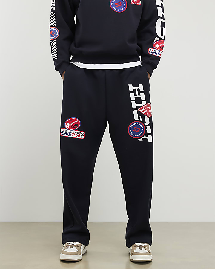 River Island Black High Performance Badges Wide Joggers