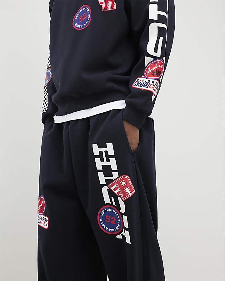 River Island Black High Performance Badges Wide Joggers