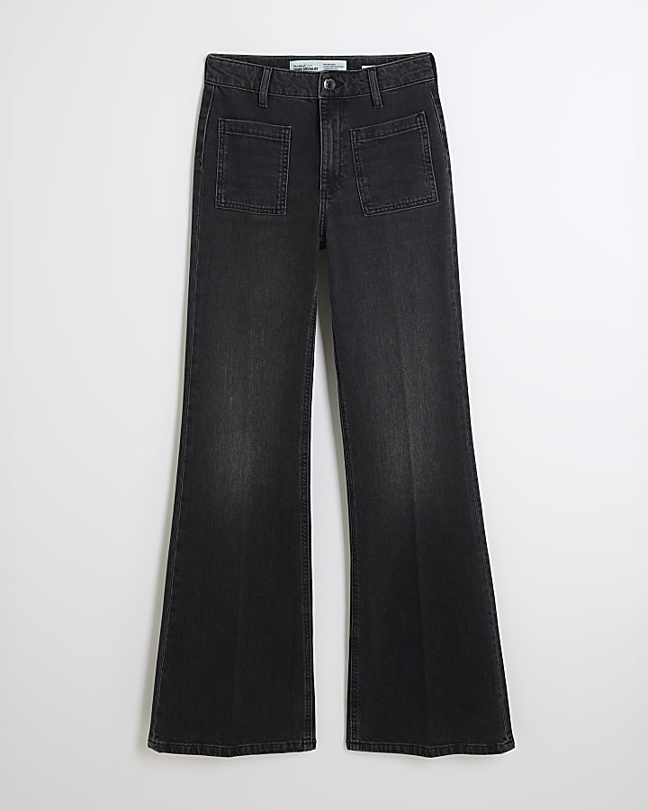 river island Black High Waisted Relaxed Flared Jeans