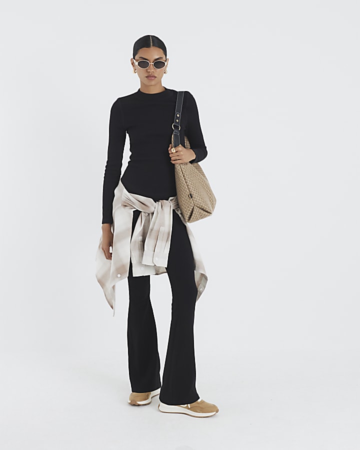 River Island Black High Waisted Ribbed Flare Leggings