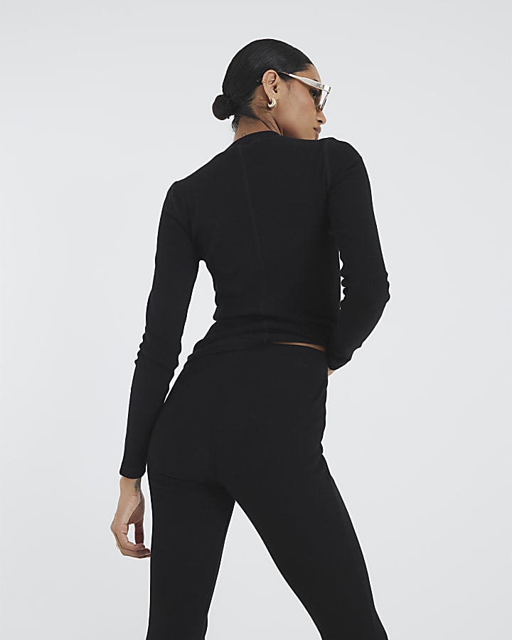 River Island Black High Waisted Ribbed Flare Leggings