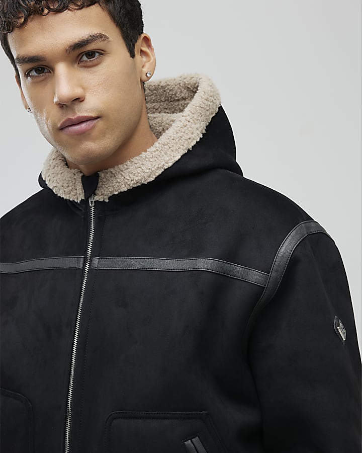 River Island Black Hooded Faux Shearling Bomber Jacket