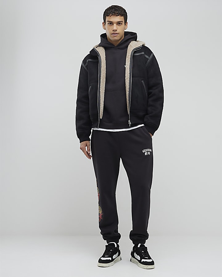 River Island Black Hooded Faux Shearling Bomber Jacket