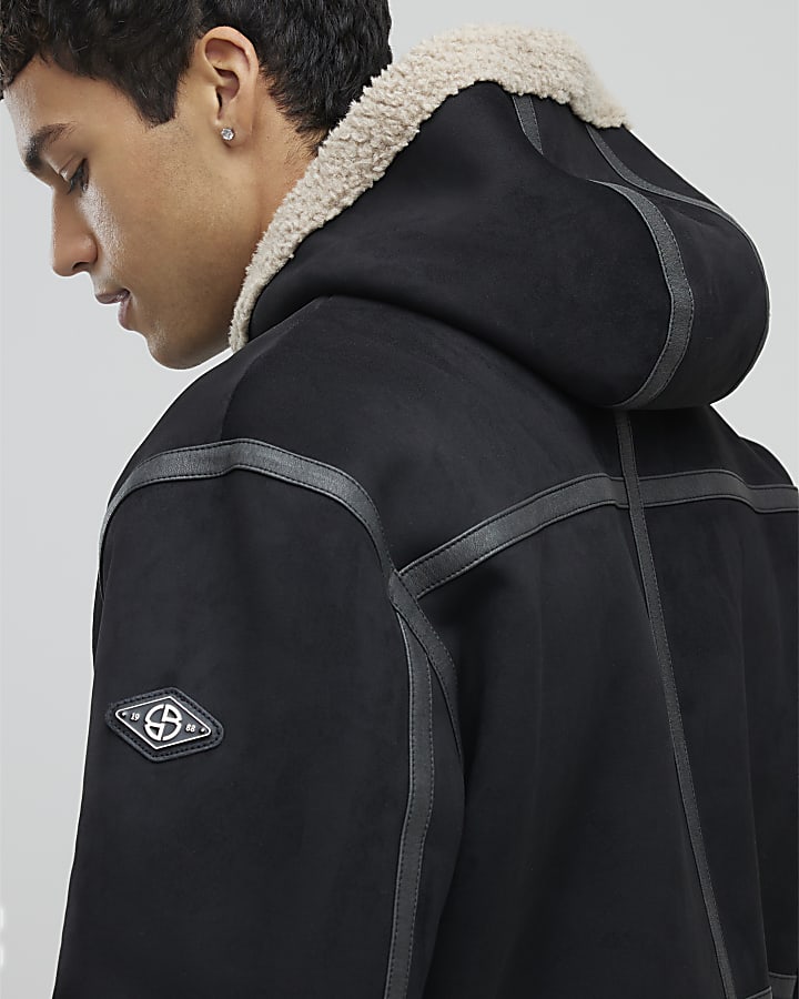 River Island Black Hooded Faux Shearling Bomber Jacket