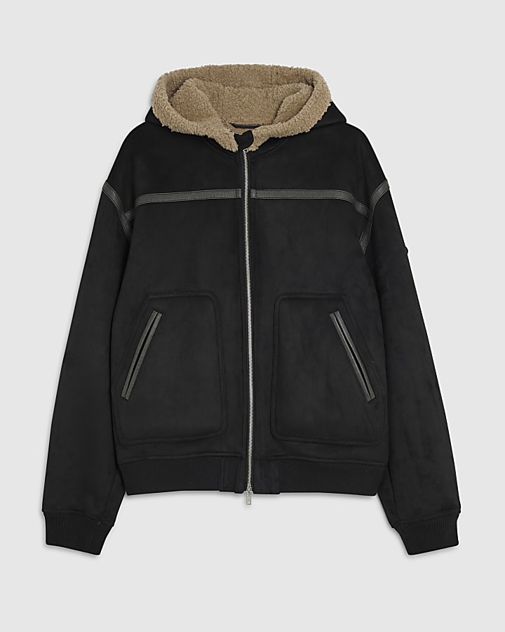 river island Black Hooded Faux Shearling Bomber Jacket
