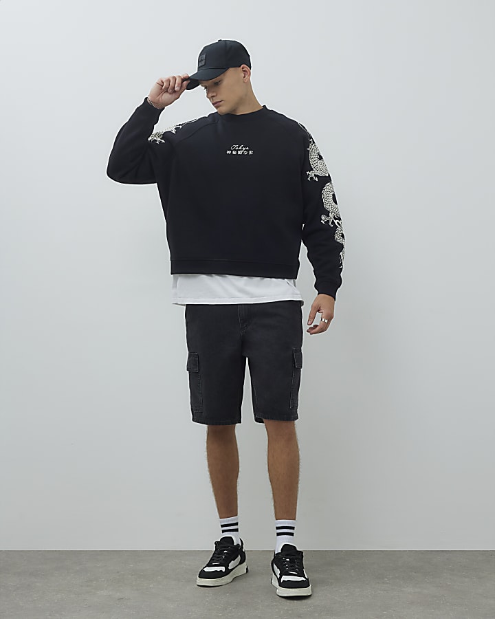River Island Black Japanese Dragon Long Sleeve Sweatshirt