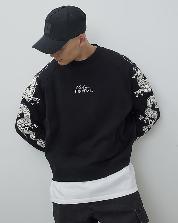 River Island Black Japanese Dragon Long Sleeve Sweatshirt