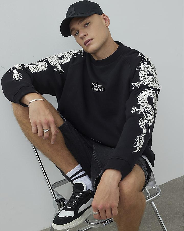 River Island Black Japanese Dragon Long Sleeve Sweatshirt