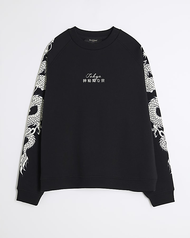 river island Black Japanese Dragon Long Sleeve Sweatshirt