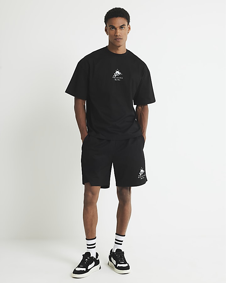 River Island Black Japanese Print T-Shirt And Shorts Set