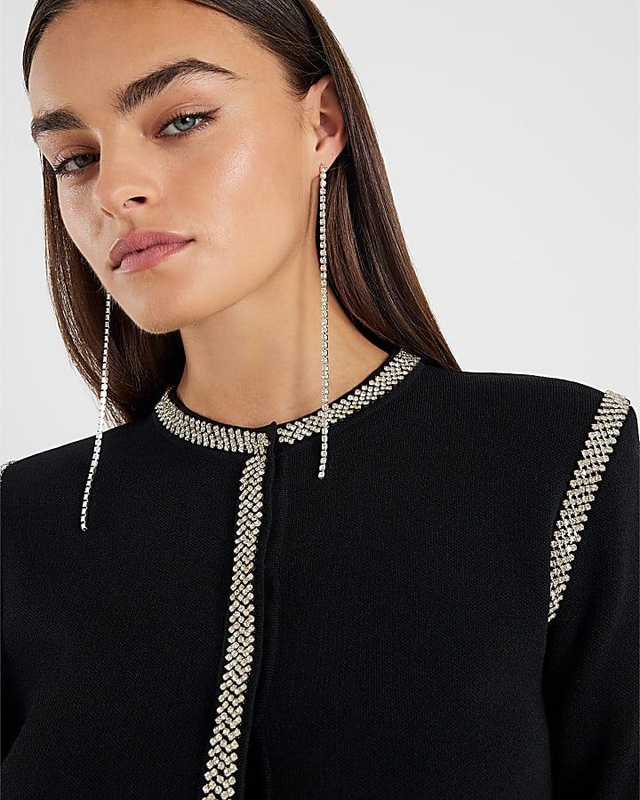 River Island Black Knit Shoulder Pad Embellished Cardigan