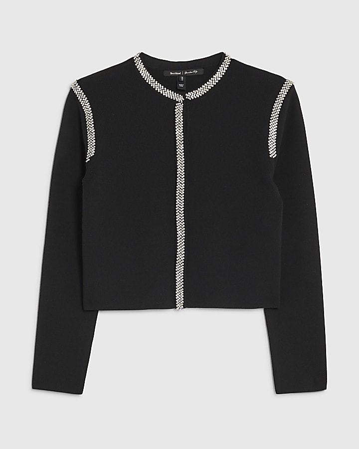 river island Black Knit Shoulder Pad Embellished Cardigan