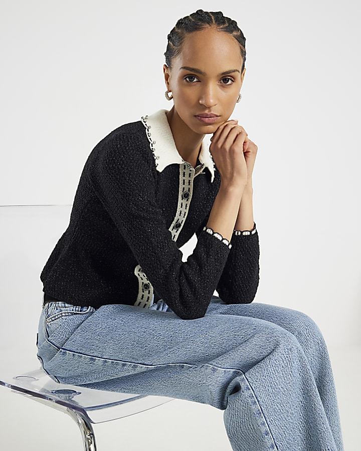 River Island Black Knitted Collared Boucle Peplum Top