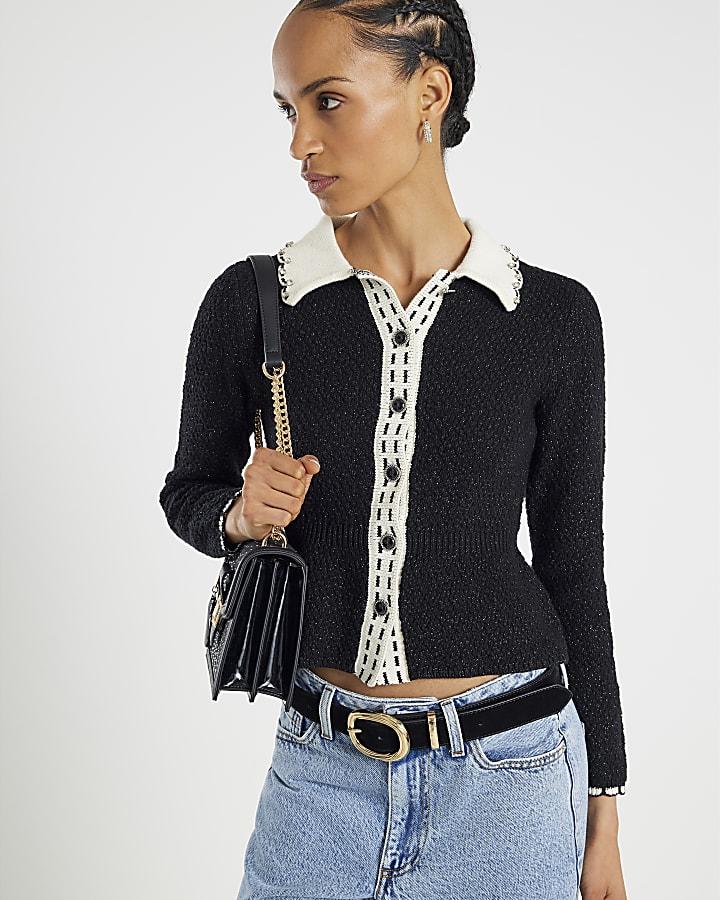 River Island Black Knitted Collared Boucle Peplum Top