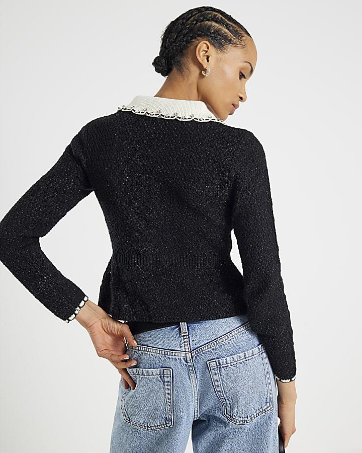 River Island Black Knitted Collared Boucle Peplum Top