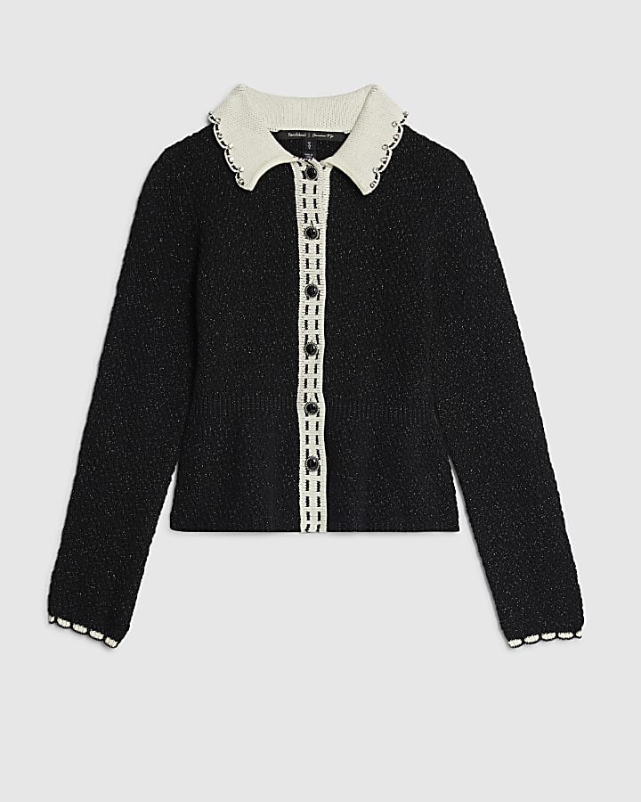 river island Black Knitted Collared Boucle Peplum Top