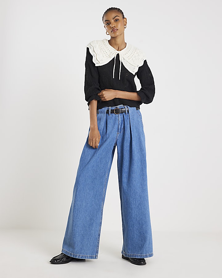River Island Black Knitted Double Frill Collar Jumper