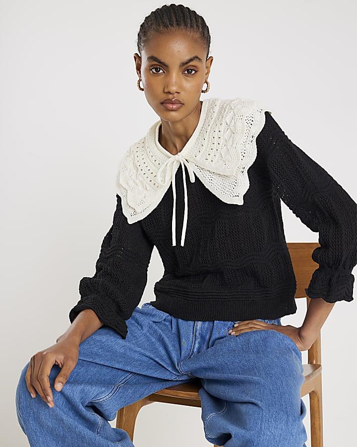 River Island Black Knitted Double Frill Collar Jumper