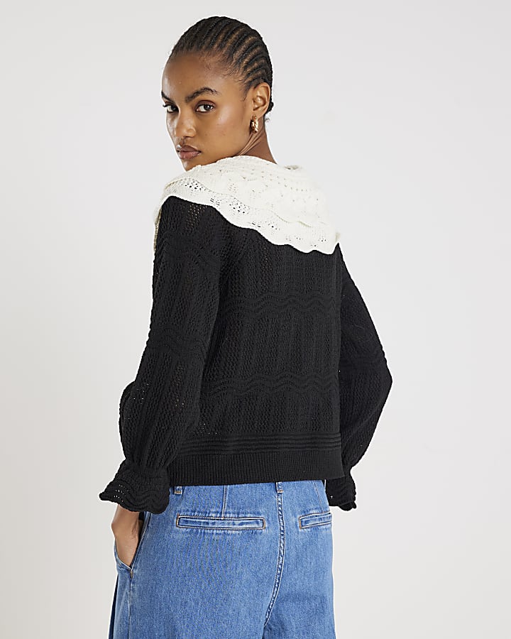 River Island Black Knitted Double Frill Collar Jumper