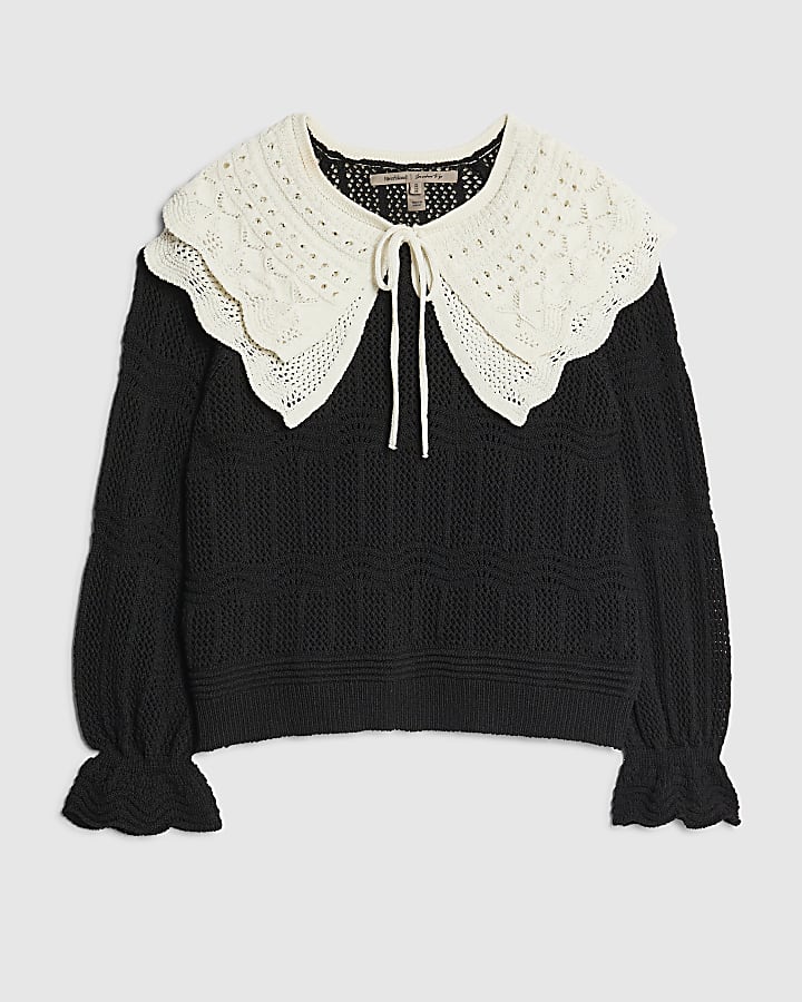 river island Black Knitted Double Frill Collar Jumper