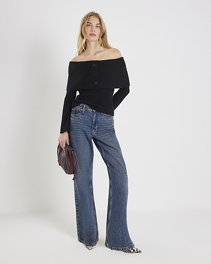 River Island Black Knitted Long Sleeve Bardot Jumper