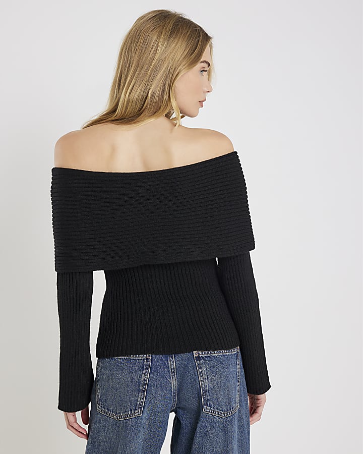 River Island Black Knitted Long Sleeve Bardot Jumper
