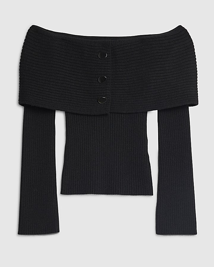 river island Black Knitted Long Sleeve Bardot Jumper