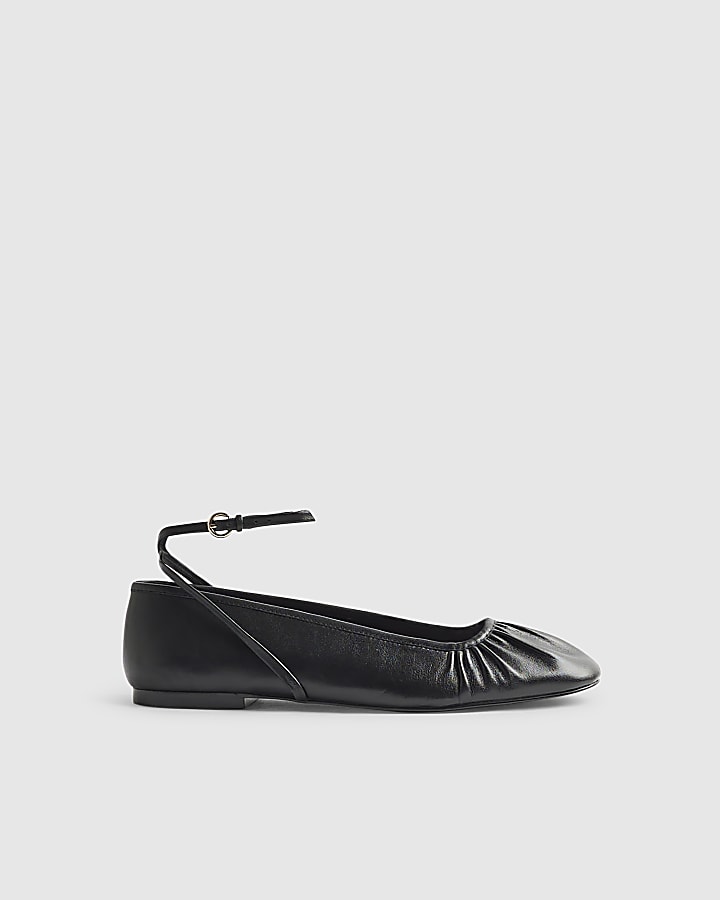 River Island Black Leather Ankle Strap Ballet Pumps