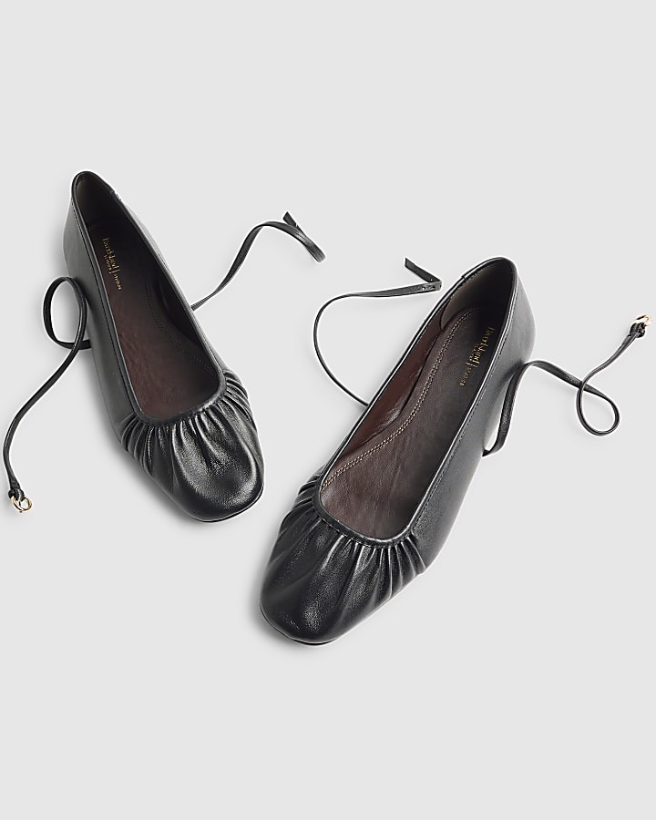 river island Black Leather Ankle Strap Ballet Pumps