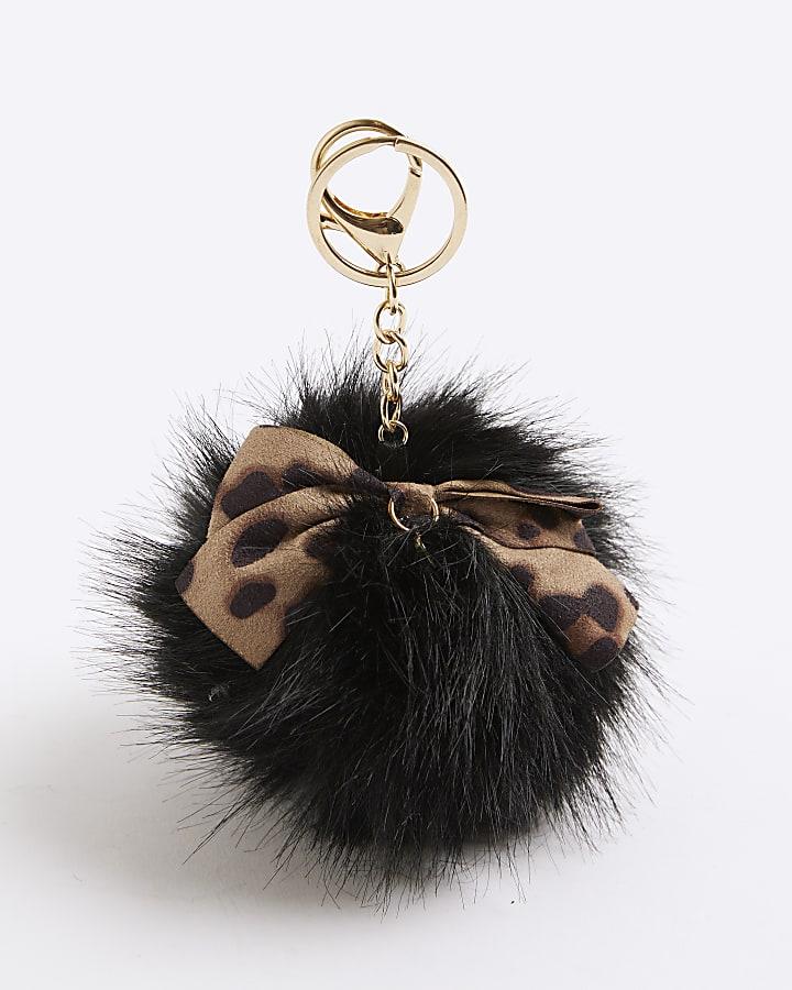 River Island Black Leopard Bow Fluffy Pom Pom Bag Charm