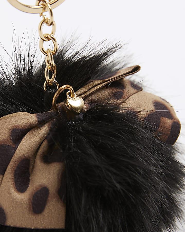 River Island Black Leopard Bow Fluffy Pom Pom Bag Charm