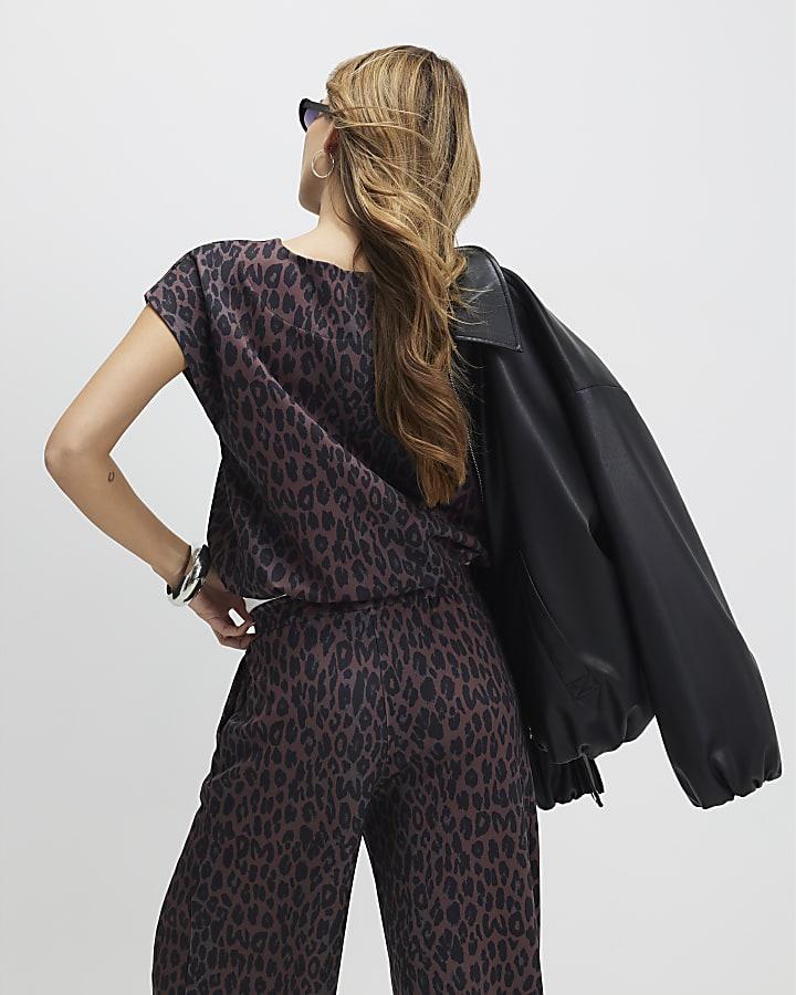 River Island Black Leopard Print Tie Side Bubble Hem Top