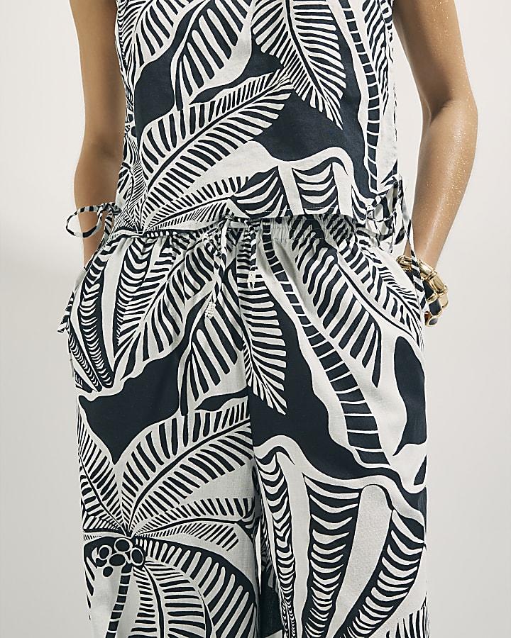 River Island Black Linen Blend Palm Print Beach Trousers