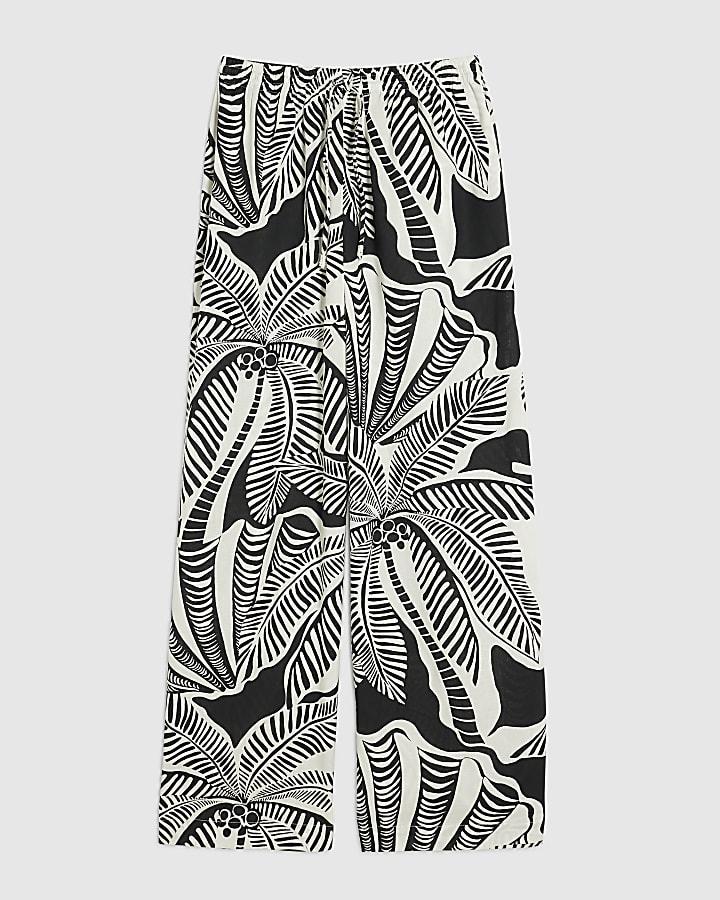 river island Black Linen Blend Palm Print Beach Trousers