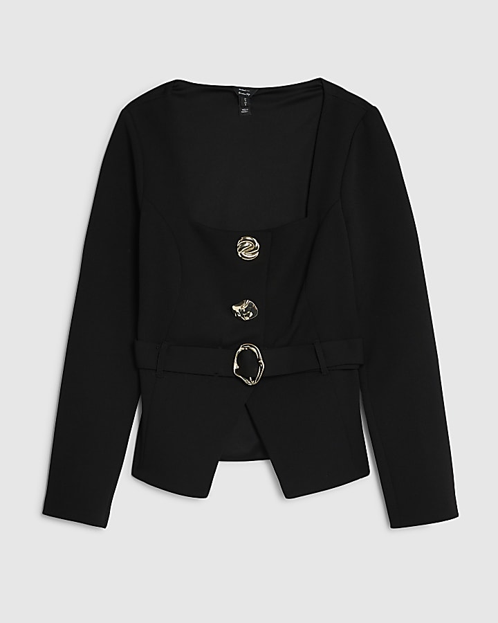 river island Black Long Sleeve Belted Mixed Button Blazer