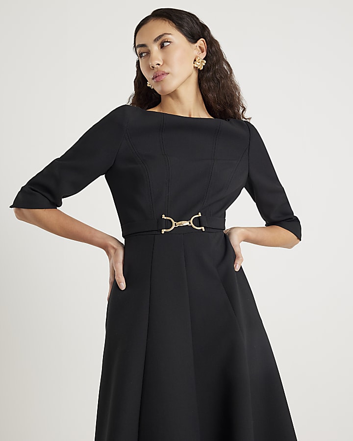 River Island Black Long Sleeve Boat Neck Belted Midi Dress