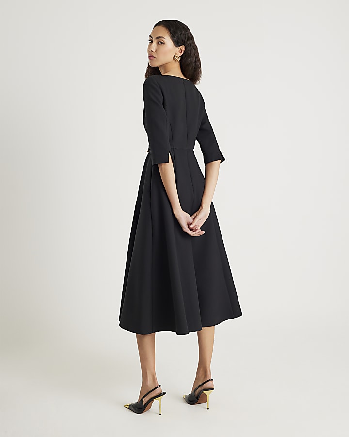 River Island Black Long Sleeve Boat Neck Belted Midi Dress