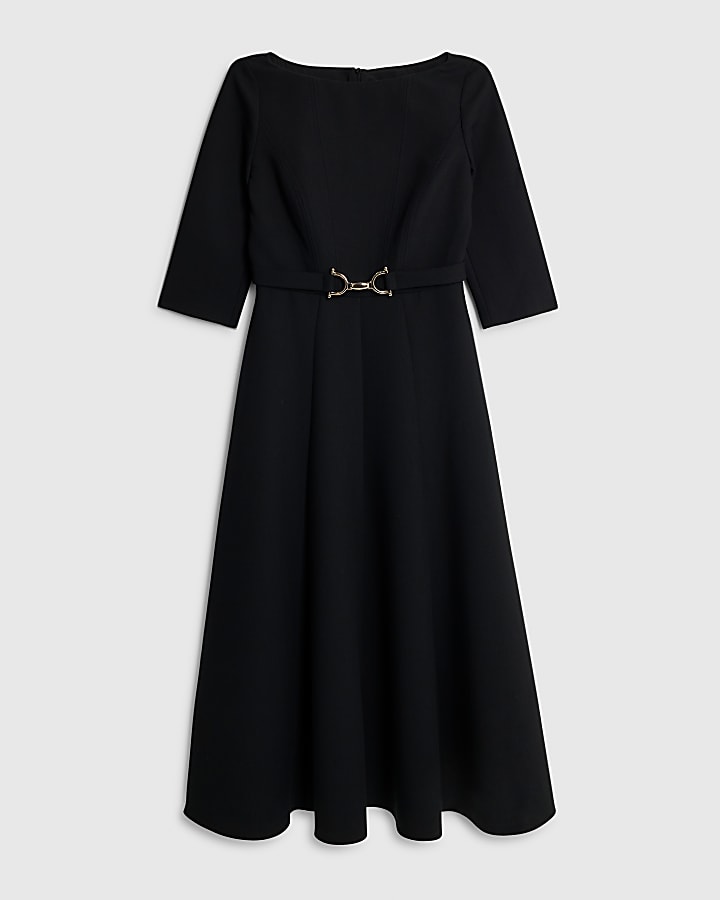 river island Black Long Sleeve Boat Neck Belted Midi Dress