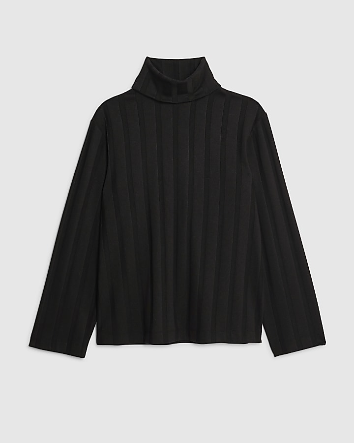 river island Black Long Sleeve Cosy Wide Ribbed Top